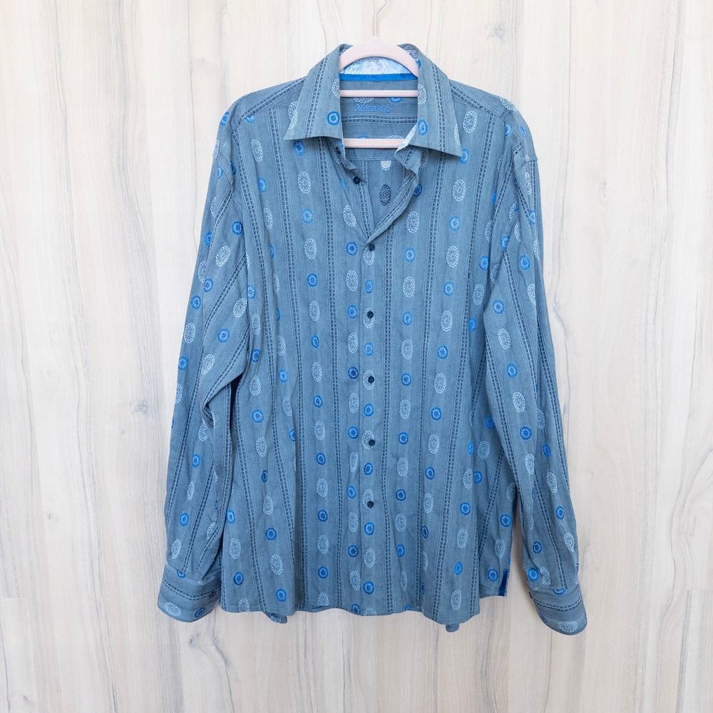 Visconti Mens Button Down Shirt XL Grey Blue Medallion Embroidered Long Sleeve